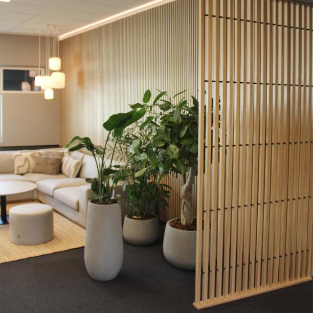 Loungeområde med sofaer og grønne planter giver rum på kontoret til afslapning og fællesskab