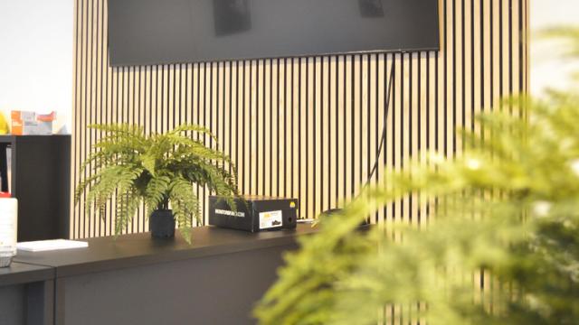 Flot og indbydende reception med sort skranke og akustik væg paneler