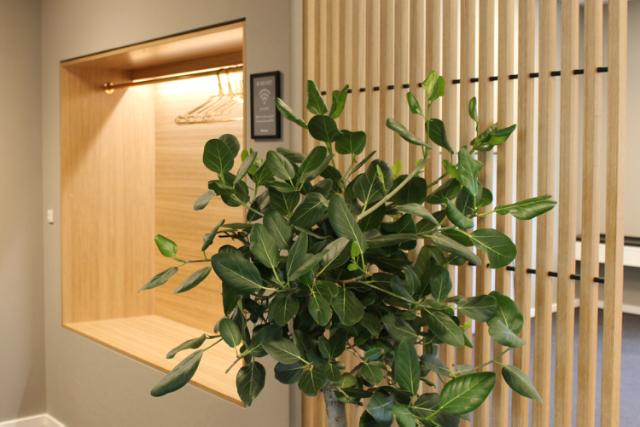 Egetræs garderobe med detaljer i messing skaber en varm velkomst på kontoret